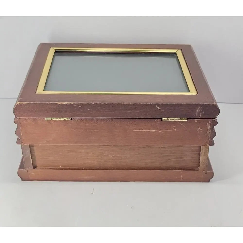 Wooden Jewelry Box with Photo Frame Lid Mirror Drawer Ring Organizer Brown